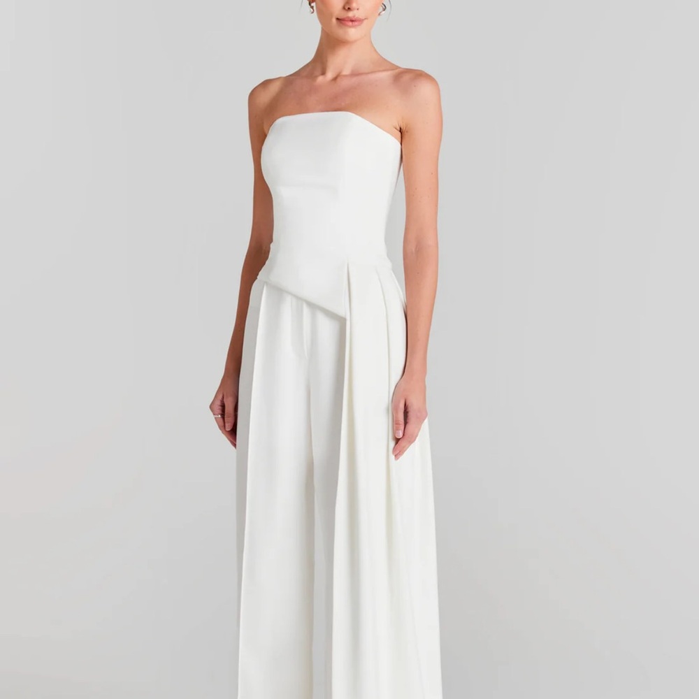 NADINE MERABI Strapless White Wide-Leg Jumpsuit